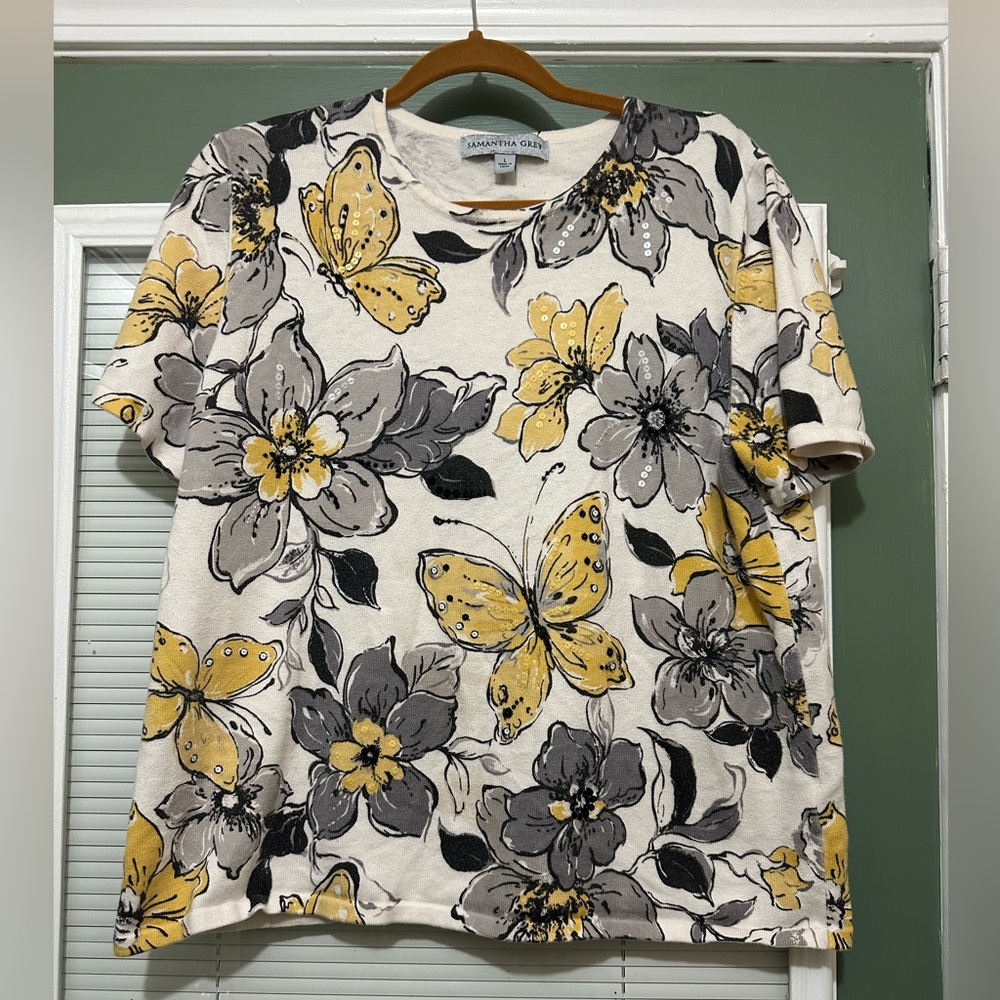 Samantha Grey womens round neck short sleeve floral sweater blouse Size Large